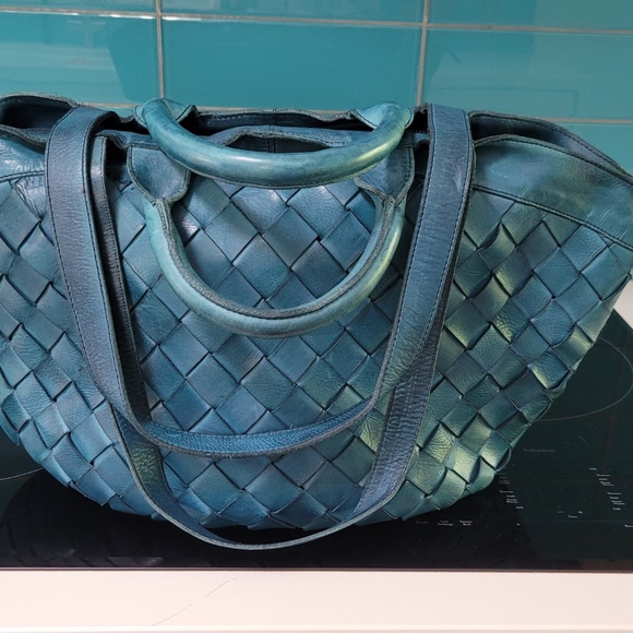 NEW PRICE LATICO BASKETWEAVE BAG 100% LEATHER - BLUE - Picture 3 of 6